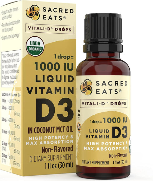 Sacred Eats 1,000 D3 Organic Liquid Vitamin D Drops for Kids & Adults, Sugar Free. Easy to Use IU/Drop in Coconut MCT