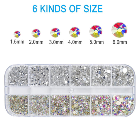 HUETFAT Nail Art Rhinestones Kit 2400pcs Flatback Gems Stones with Storage Organizer Box, Wax Pencil, Tweezers, 6 Sizes