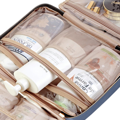 NISHEL Travel Toiletry Bag - Portable Hanging Organizer for Full-Sized Shampoo, Conditioner, Aegean-Blue