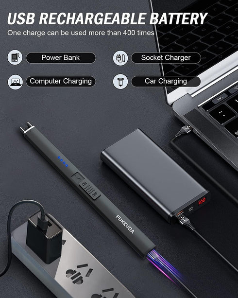 FUKKUDA Electric Candle Lighter with Safety Switch, USB Rechargeable Windproof Plasma Arc Lighter (Obsidian Black)