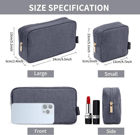 MAGEFY 2 Pcs Corduroy Makeup Bag Set, Mini Big Travel Pouch with Slip-in Pockets, Eco-Friendly, Black
