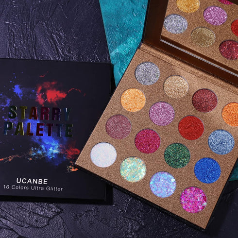 UCANBE Pro Glitter Eyeshadow Palette, 16 Colors, Highly Pigmented Chunky & Fine Pressed Glitter Eye Shadow Powder Makeup