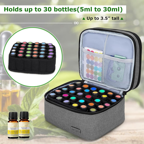 LUXJA Essential Oil Carrying Case - Holds 30 Bottles (5ml-30ml), Double-Layer Organizer, Gray