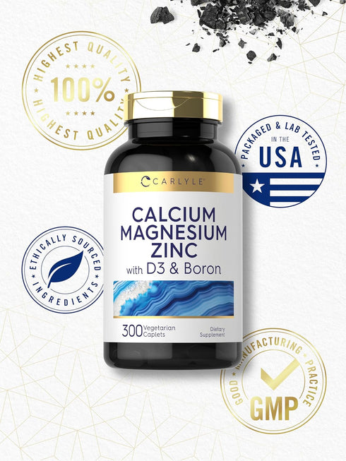Carlyle Calcium Magnesium Zinc with Vitamin D3 and Boron, 300 Caplets - Vegetarian, Non-GMO Supplement