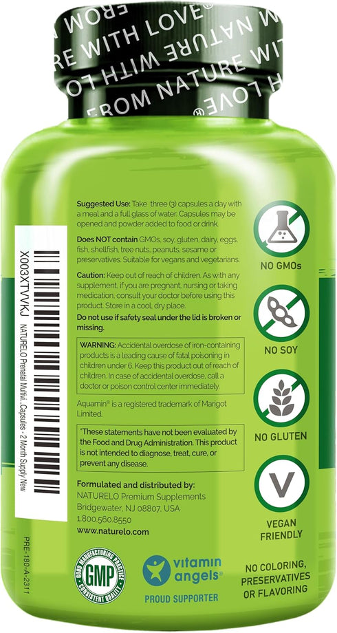 NATURELO Prenatal Multivitamin with Gentle Chelated Iron, Methyl Folate, Plant Calcium & Choline - Vegan, 180 Capsules