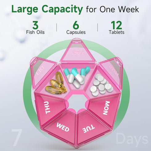 Weekly Pill Organizer 2 Pack, Portable Pill Box Medicine Case, 6 Colors, New Edition for Vitamins, Arthritis Friendly