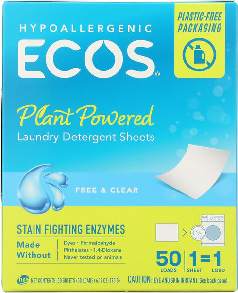 ECOS Laundry Detergent Sheets, 50 Loads, Vegan, Hypoallergenic, No Plastic Jug, Liquid Free