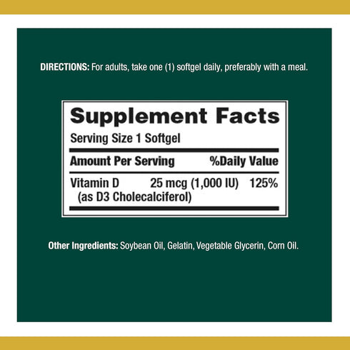 Nature's Bounty Vitamin D3 1000 IU Softgels, 350 Count