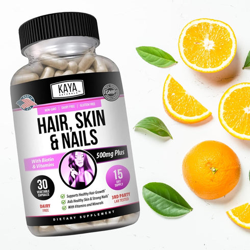 Kaya Naturals Hair Skin Nail Capsules with Biotin, 30 Count Capsules, Hair Support Vitamins, Vitamin D, B-12, Folic Acid