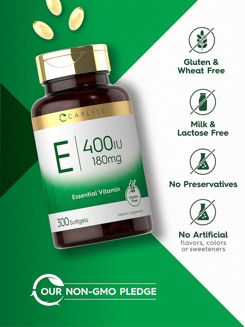 Carlyle Vitamin E Softgel Capsules 400 IU, 300 Count, Non-GMO and Gluten Free Formula
