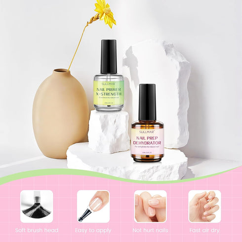 Nail Prep Dehydrator & Primer X-Strength Set, 15ml Nail Care Kit with Nail Cuticle Oil and Strengthener for Acrylic