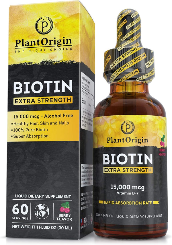 Extra Strength Biotin Liquid Drops, 15,000 MCG, Hair Growth Supplement for Men & Women, Vegan & Kosher - 60 Servings
