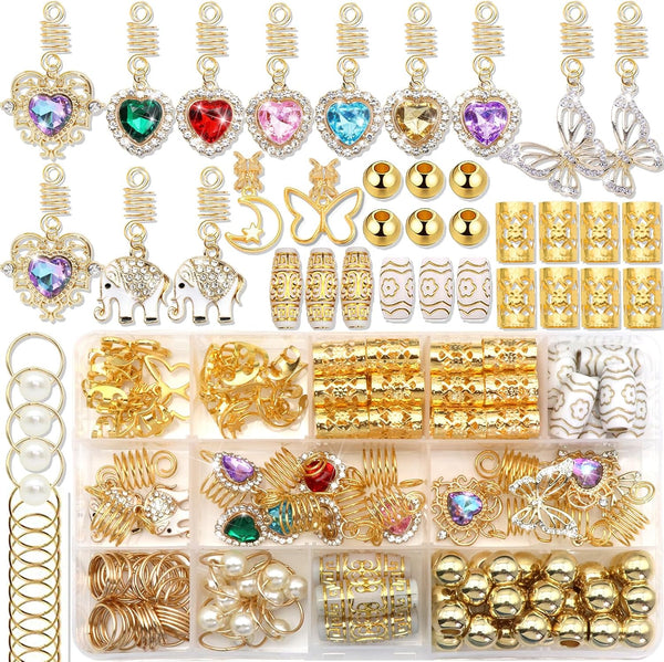 NAISKA 140Pcs Gold Hair Jewelry for Braids, Rhinestone Dreadlocks Accessories, Butterfly Braid Clips for Women