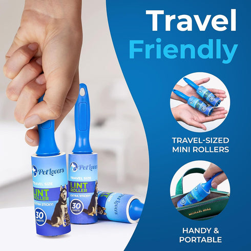 PetLovers Mini Lint Rollers for Travel 4 Pack - Small Lint Removers for Pet Hair and Debris Pickup