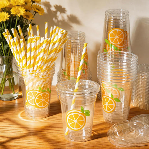 Sofzy 50Pcs 12oz Summer Lemonade Stand Supplies Plastic Cups with Lids and Straws Party Cups, Yellow Lemon Disposable