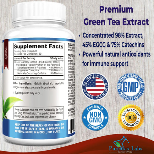 Green Tea Extract 98% - 3X Strength, 75% Polyphenol Catechins, 45% EGCG, Super Antioxidant - 60 Capsules