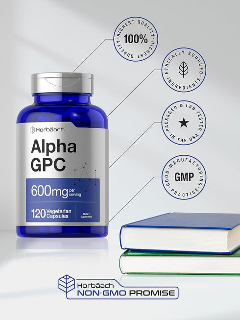 Horbaeach Alpha GPC 600mg, 120 Capsules, Vegetarian, Non-GMO & Gluten Free Choline Supplement
