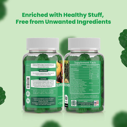 Sugar-Free Fruit and Veggie Gummies - 35+ Greens, Fruit & Vegetable Vitamins for Immunity, 60 Gummies