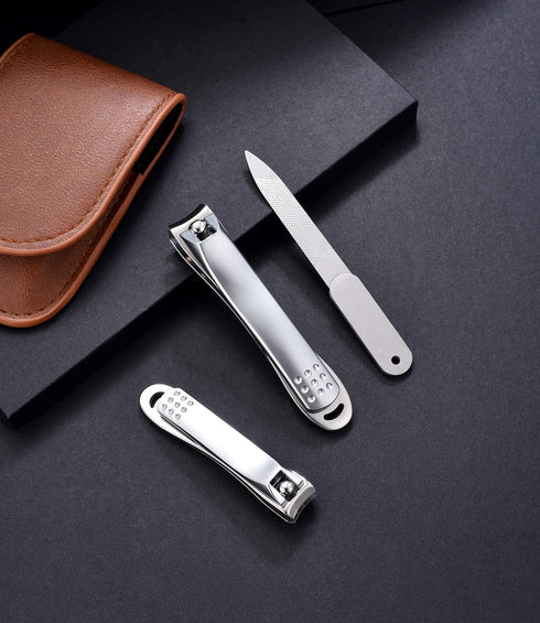 Nail Clipper Set - Stainless Steel Fingernail Clippers, Toenail Cutter, Nail File with PU Sheath for Men Women