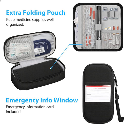 Insulin Cooler Travel Case with 2 Ice Packs, Water Resistant Insulated Diabetic Medication Organizer Bag (Black)