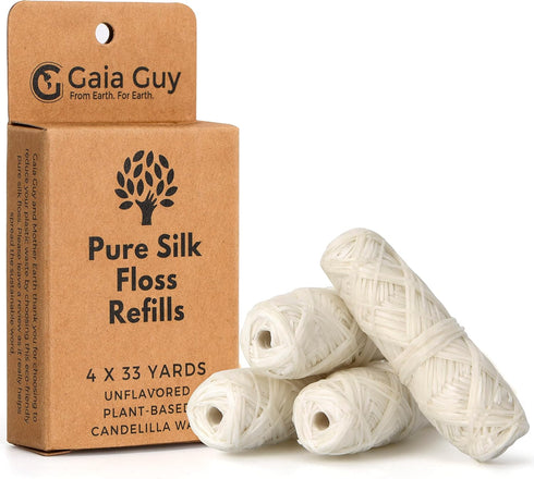 Gaia Guy Silk Dental Floss Refill, Unflavored Natural Silk, 4 Spools x 33yds, Compostable & Eco-Friendly Packaging