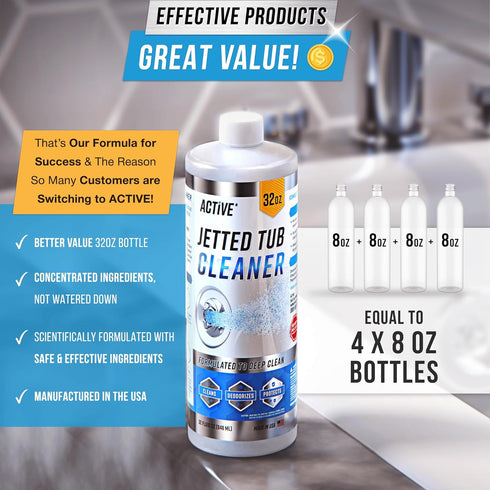 ACTIVE Jetted Tub Cleaner, 32oz Bath Jet Cleaner for Whirlpool & Spa Bath System, Septic Safe Solution Made in USA