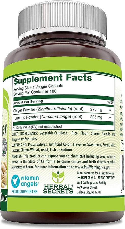 Herbal Secrets Turmeric & Ginger 500 Mg Veggie Capsules Supplement - Non-GMO, Gluten Free, Made in USA (1 Pack, 180