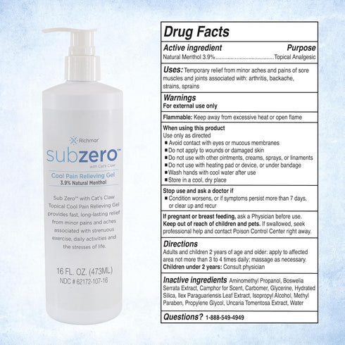 Sub Zero Cooling Pain Relief Gel, 16oz Bottle with Pump - Joint and Nerve Pain Relief Cream