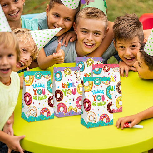 VGOODALL 24PCS Donut Party Favor Bags, Paper Gift Bags with Stickers for Kids Birthday Party Goodie Bags