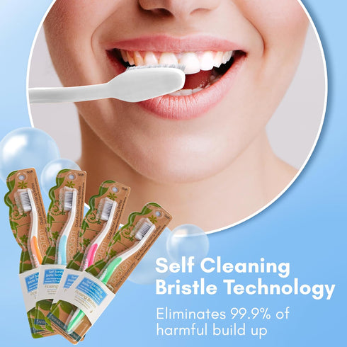 Compostable Toothbrushes, Dual Action Flossing Bristles, Silver Infused Soft Bristle Toothbrushes for Adults, 4-Pack