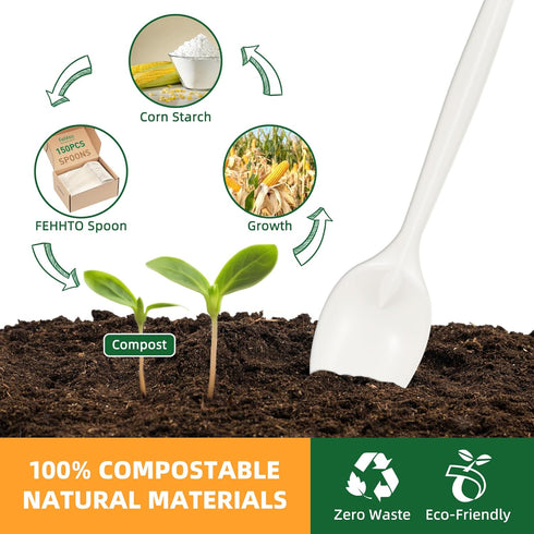 100% Compostable Disposable Spoons - 150pcs Heavy Duty Eco-Friendly Cutlery, Ivory White