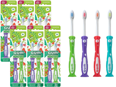 GUM Monsterz Children and Toddler Toothbrush, Soft Bristled Kids’ Toothbrush with Suction Cup, 2ct (6pk) for Ages 2+