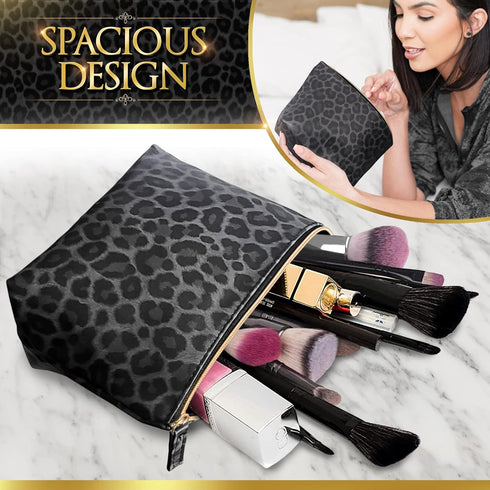 Vegan Leather Black Leopard Print Makeup Bag, Cute Travel Accessories Small Cosmetic Zipper Pouch