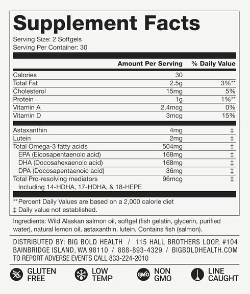 Wild Alaskan Salmon Oil with Astaxanthin, Lutein, Vitamins A&D, 60 Softgels for Skin & Eye Health, Gluten-Free
