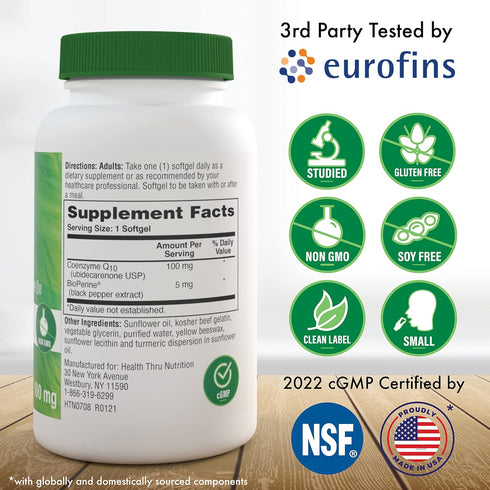 Health Thru Nutrition CoQ-10 100mg with BioPerine, 360 Softgels | Heart Health and Energy Support