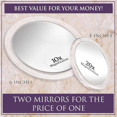 MIRRORVANA 20X & 10X Magnifying Mirror Set with 3 Suction Cups Each - Compact & Travel Ready Mirror for Makeup - Sizes: 6" and 4" Wide by MIRRORVANA