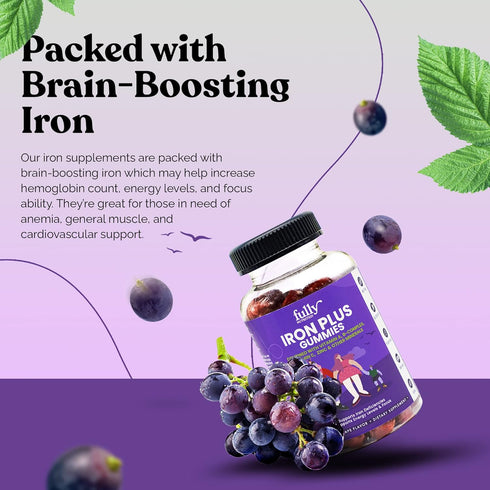 Iron Gummies Supplements for Adults and Kids – Grape Flavor - 100 Count | Supports Anemia, Energy and Focus Levels