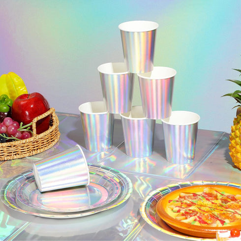 Iridescent Party Supplies, Holographic Paper Plates and Napkins Set for Mermaid Birthday Wedding Party, Serve 25