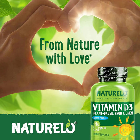 NATURELO Vitamin D 2500 IU - Plant Based from Lichen, Natural D3 Supplement for Immune System & Bone Support (180 Mini