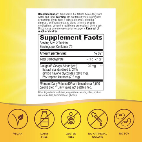 Nature's Way Ginkgold Advanced Ginkgo Extract, 150 Tablets, Supports Memory, Focus & Cognitive Function*