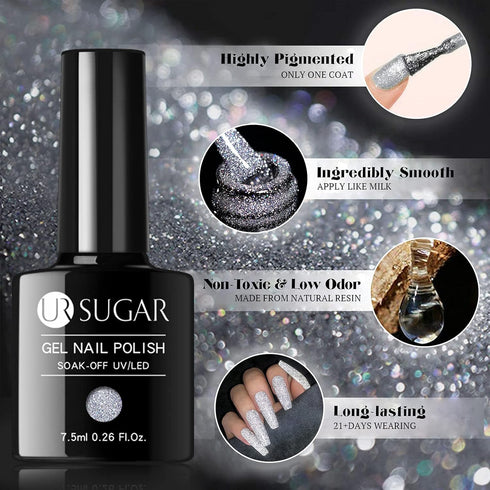 UR SUGAR Reflective Glitter Gel Nail Polish, Silver Sparkly Shimmery Gel Polish for Nail Art Manicure DIY