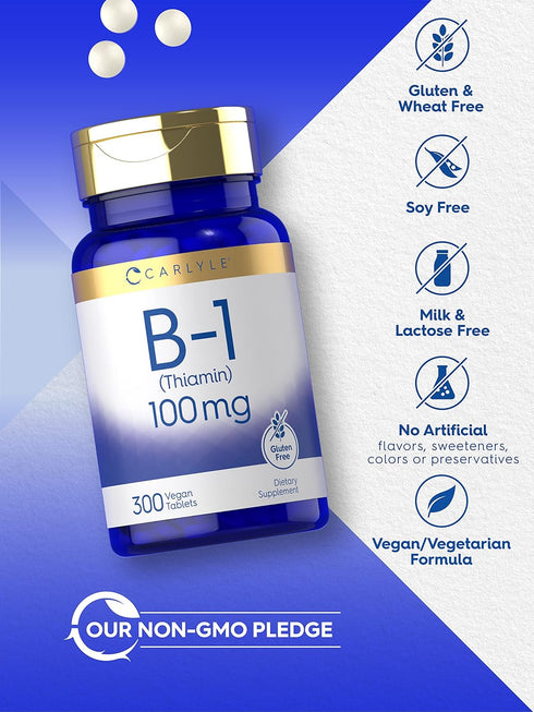 Carlyle Vitamin B-1 | 100mg | 300 Tablets - Non-GMO and Gluten Free Thiamin Supplement