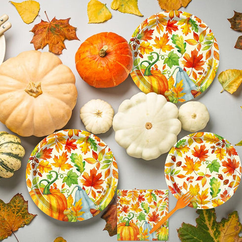 Temicle 96 Set 24 Pieces Fall Thanksgiving Tableware Pumpkin and Autumn Leaves Disposable Plates, Napkins, and Forks