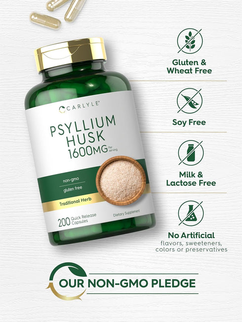 Carlyle Psyllium Husk Capsules | 1600mg | 200 Count | High Potency Fiber Supplement, Non-GMO, Gluten Free