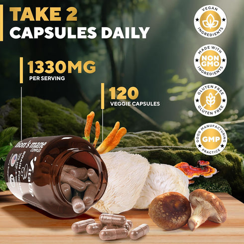 Lions Mane Supplement Capsules, USA Made Lion's Mane Mushroom Complex 1330mg with Cordyceps, Shiitake, Reishi, 120 Count