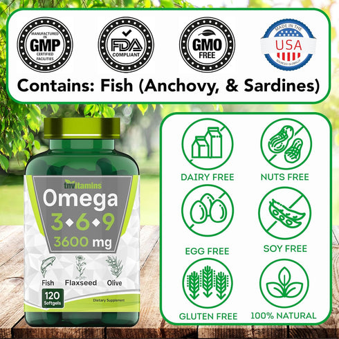 Triple Omega 3? 6? 9: 3600mg x 120 Softgels | Omega Essential Fatty Acids from Fish Oil, Flaxseed Oil, & Olive Oil