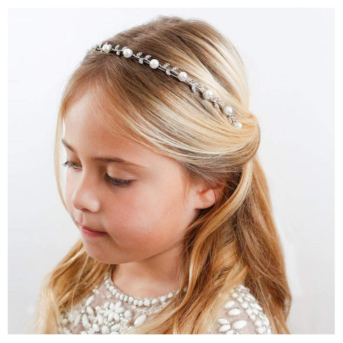 SWEETV Silver Pearl Flower Girl Headpiece Girls Headband for Wedding Princess Hair Accessories Birthday Party