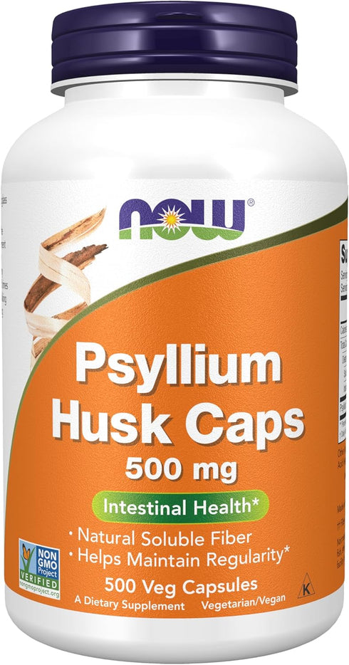 NOW Supplements, Psyllium Husk Caps 500 mg, 500 Veg Capsules | Natural Soluble Fiber, Intestinal Health*, Non-GMO