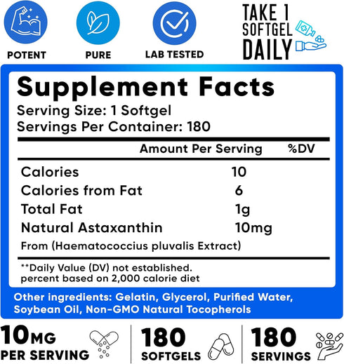 WeLikeVitamins Astaxanthin 10mg Softgel, Organic Supplements for Eye, Joint, Skin Health & Energy, 180 Servings