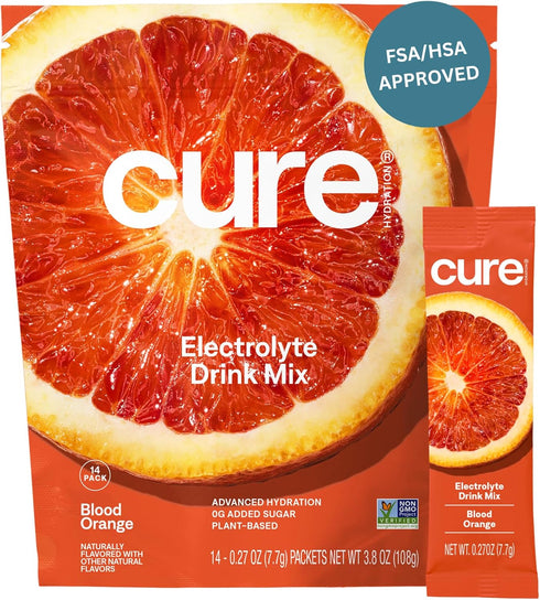 Cure Hydration Plant-Based Electrolyte Drink Mix - No Added Sugar - Coconut Water Powder - 14 Packets Blood Orange